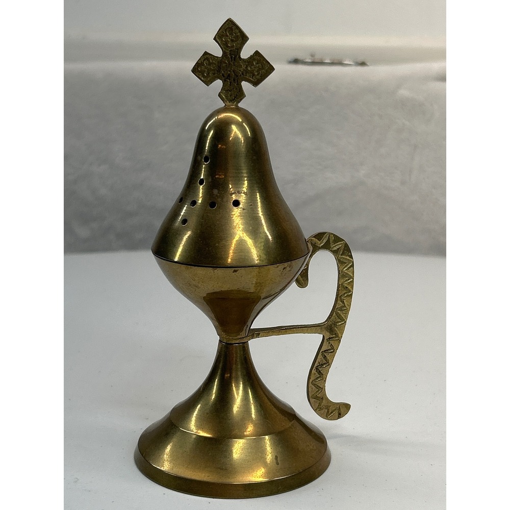 Vintage Brass Cross 7" Incense Burner Religious Ornate Handle Hinged Lid‎